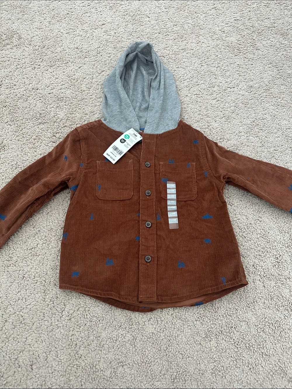 OshKosh B'gosh Brown Corduroy Hooded Shirt with Gray Hood and Blue Accents